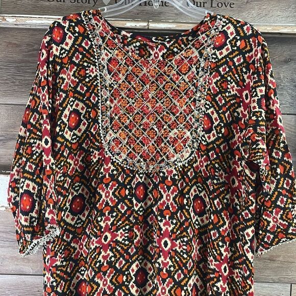JMD Kaftan Tunic Dress Sequined Metallic Trim Southwestern Print Red Black Tan - Picture 3 of 10